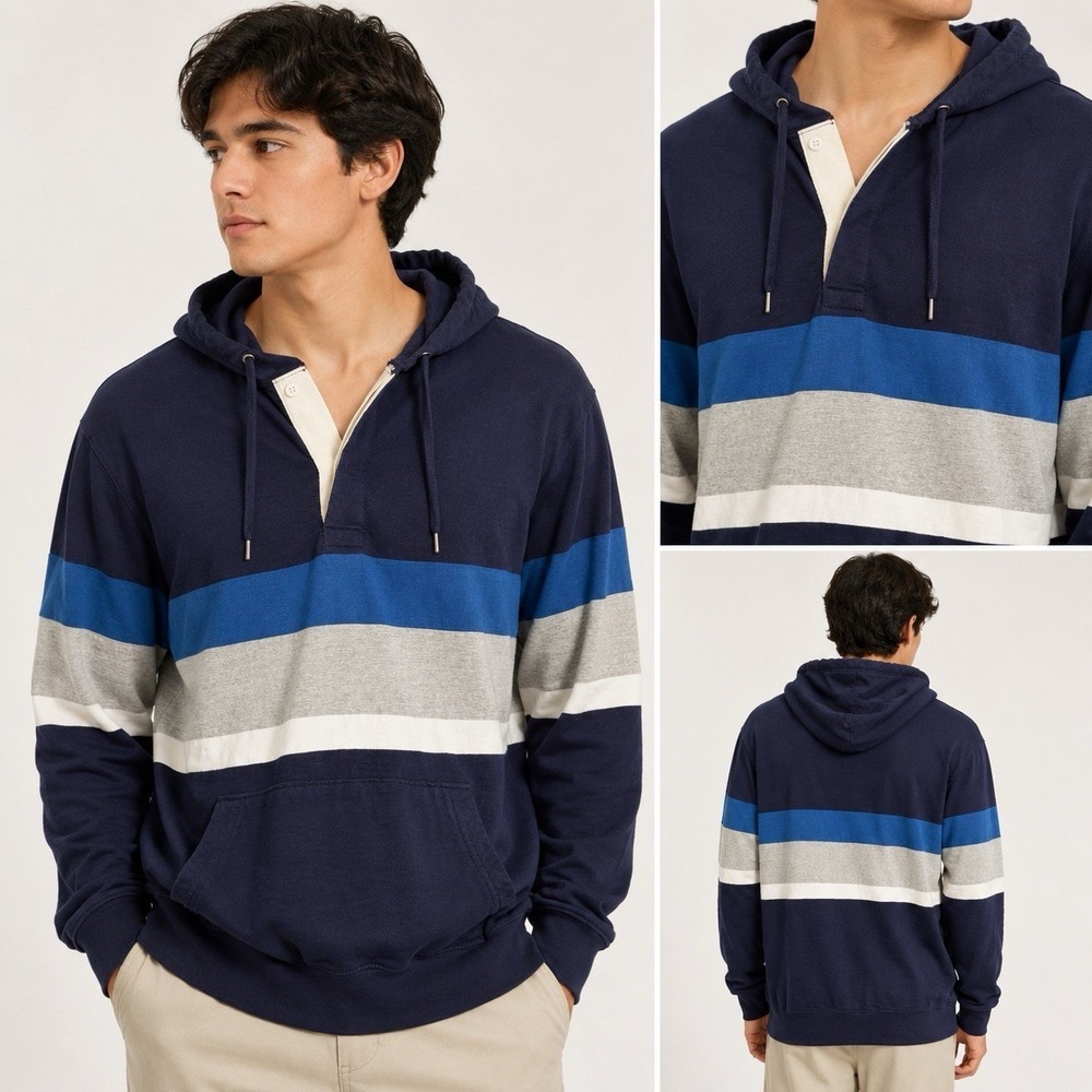 American Eagle Navy Striped Hoodie Mens XL Blue Gray Pullover Sweatshirt grundge